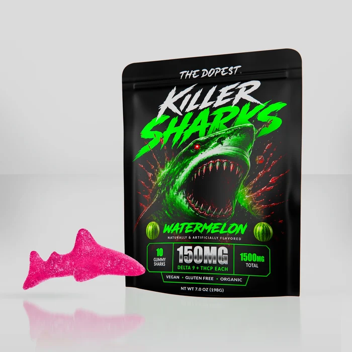 Killer Sharks Watermelon Gummies, Watermelon Gummies, D9 Gummies, Delta-9 THC, THCP, Cannabinoid Gummies, THC Edibles, Cannabinoid Edibles, 1500MG Gummies, U.S. Cannabinoid Products, Edible Cannabinoids, Lab Testing, COA, Gummy Edibles